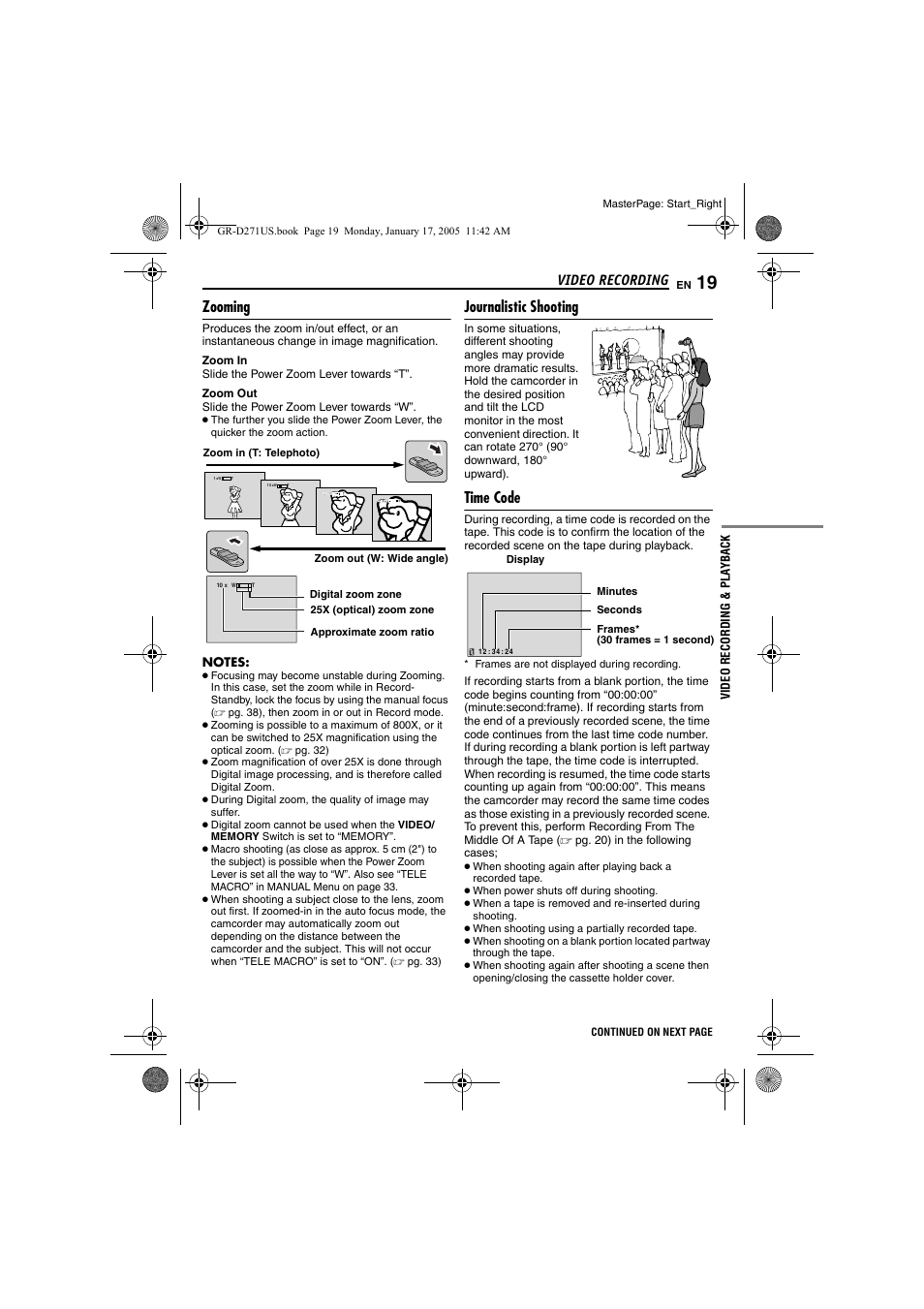 Zooming, Journalistic shooting, Time code | 19 journalistic shooting, 19 time code, Pg. 19), Video recording | JVC GR-D271 User Manual | Page 19 / 56