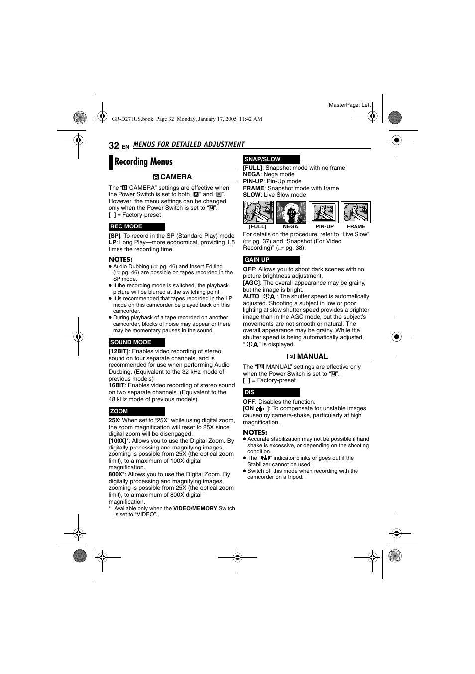 Recording menus, Pg. 32), Pg. 32) (a | Pg. 32 | JVC GR-D271 User Manual | Page 32 / 56