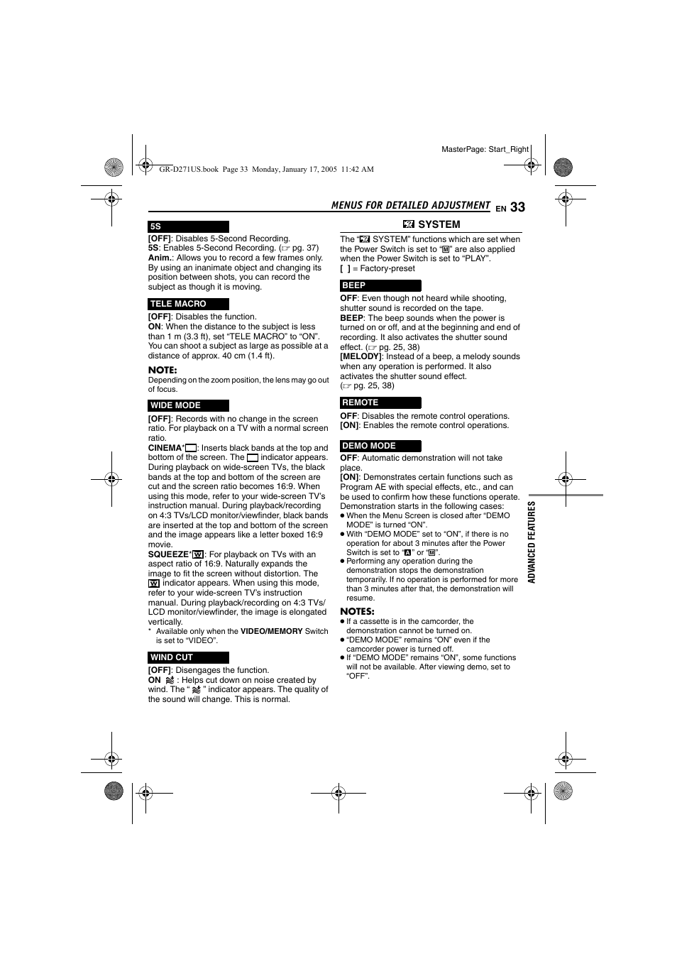 Pg. 33), Pg. 33, “wide, Mode”) | Cinema mode, Pg. 33, “wide mode”) | JVC GR-D271 User Manual | Page 33 / 56