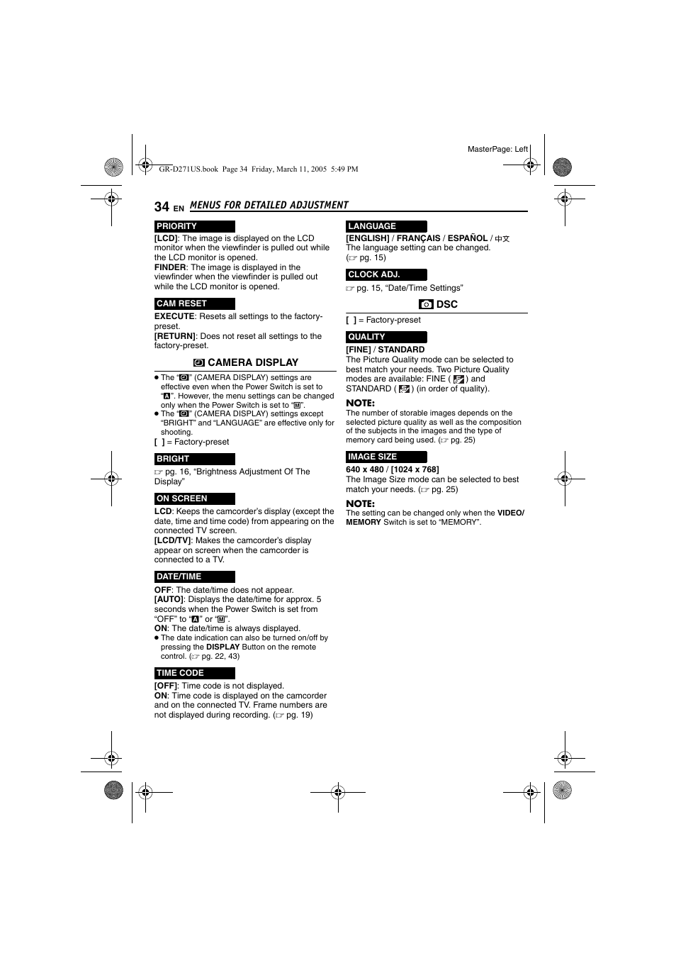 Pg. 34, Pg. 34), Time | Is set to “on | JVC GR-D271 User Manual | Page 34 / 56