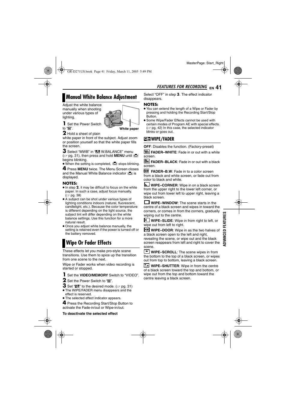 Manual white balance adjustment, Wipe or fader effects, Wipe/fader | Pg. 41), 41 wipe or fader effects, Manual white balance adjustment”) | JVC GR-D271 User Manual | Page 41 / 56