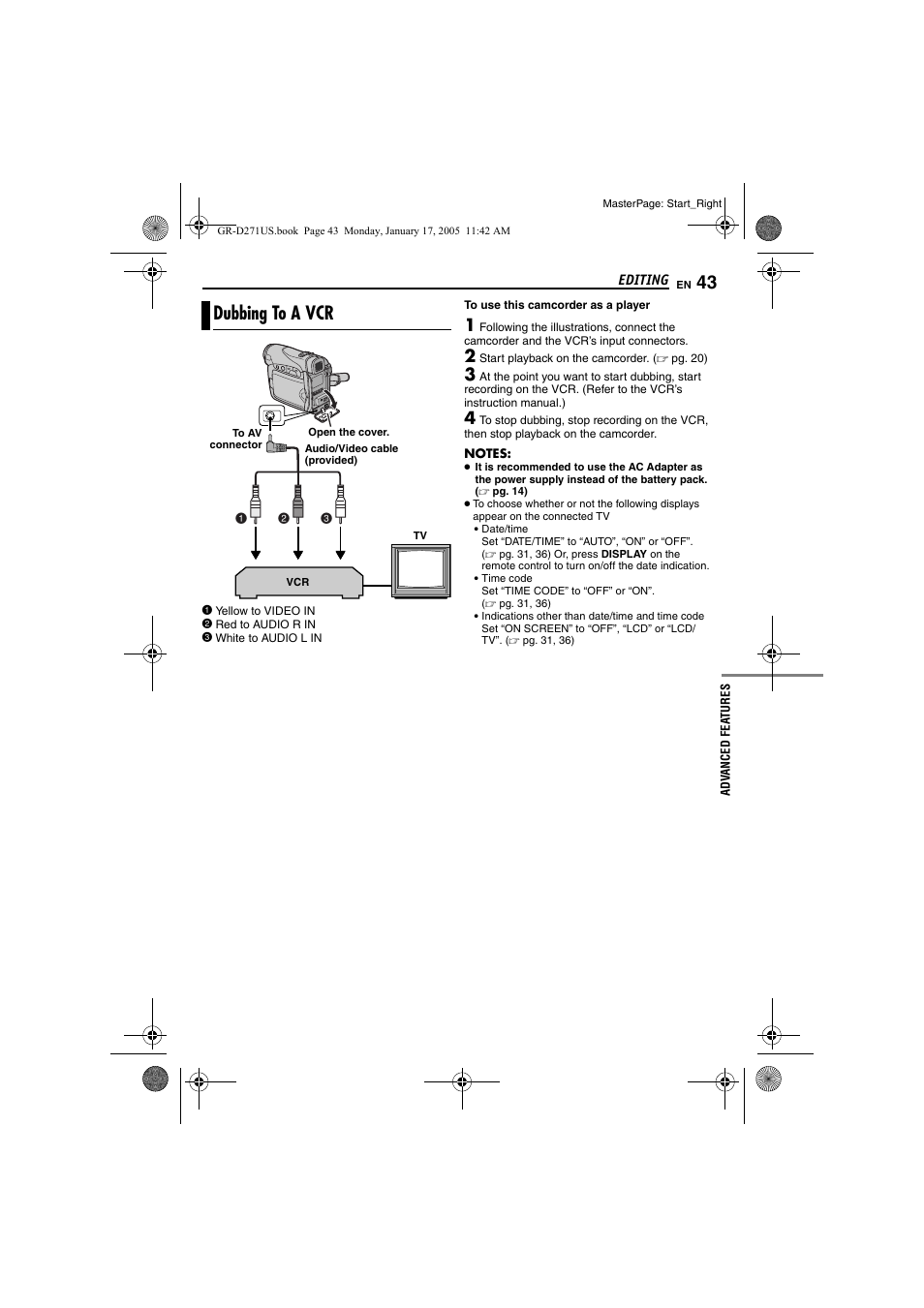 Editing, Dubbing to a vcr, Pg. 43, 4 | JVC GR-D271 User Manual | Page 43 / 56