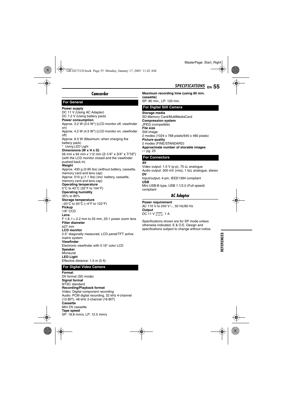 Specifications, Camcorder, Ac adapter | JVC GR-D271 User Manual | Page 55 / 56