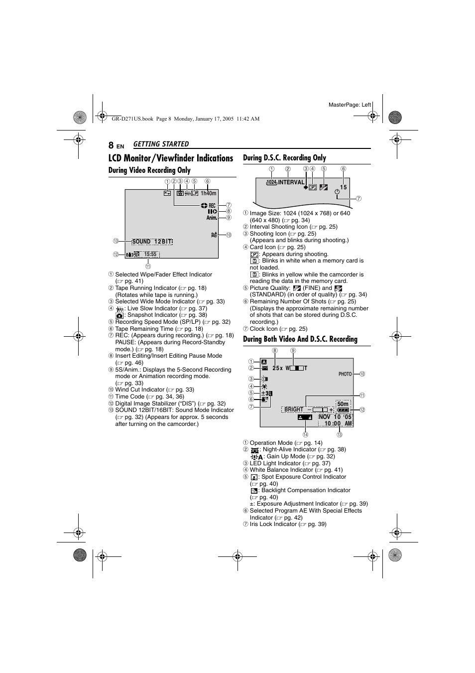 Lcd monitor/viewfinder indications, During video recording only, During d.s.c. recording only | During both video and d.s.c. recording | JVC GR-D271 User Manual | Page 8 / 56