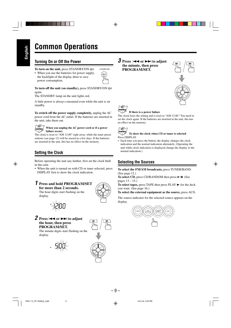 Common operations, Selecting the sources, Turning on or off the power | Setting the clock, English, Press and hold program/set for more than 2 seconds, The hour digits start flashing on the display, The minute digits start flashing on the display | JVC PC-X290 User Manual | Page 11 / 48