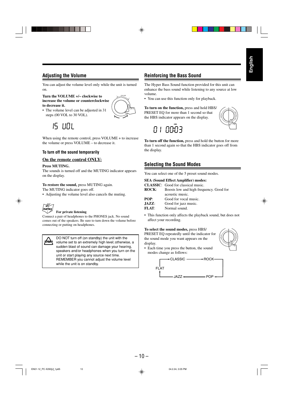Adjusting the volume, Reinforcing the bass sound, Selecting the sound modes | English, On the remote control only | JVC PC-X290 User Manual | Page 12 / 48