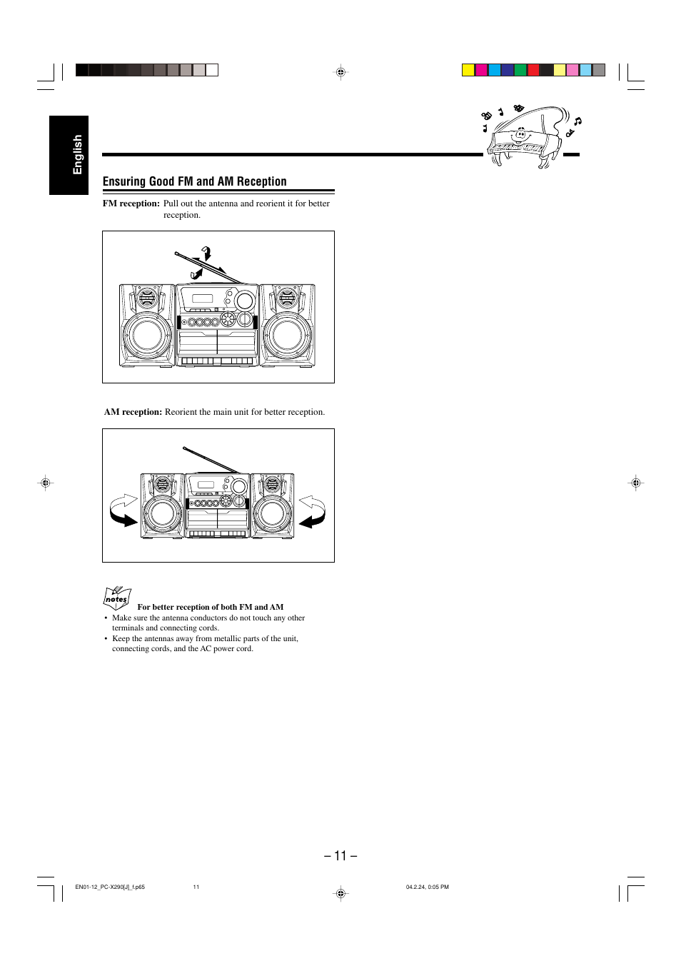 Ensuring good fm and am reception | JVC PC-X290 User Manual | Page 13 / 48