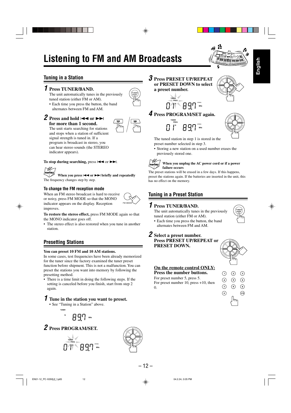 Listening to fm and am broadcasts, Tuning in a station, Presetting stations | Tuning in a preset station, English, Press tuner/band, Press and hold 4 or ¢ for more than 1 second, Tune in the station you want to preset, Press program/set, Press program/set again | JVC PC-X290 User Manual | Page 14 / 48