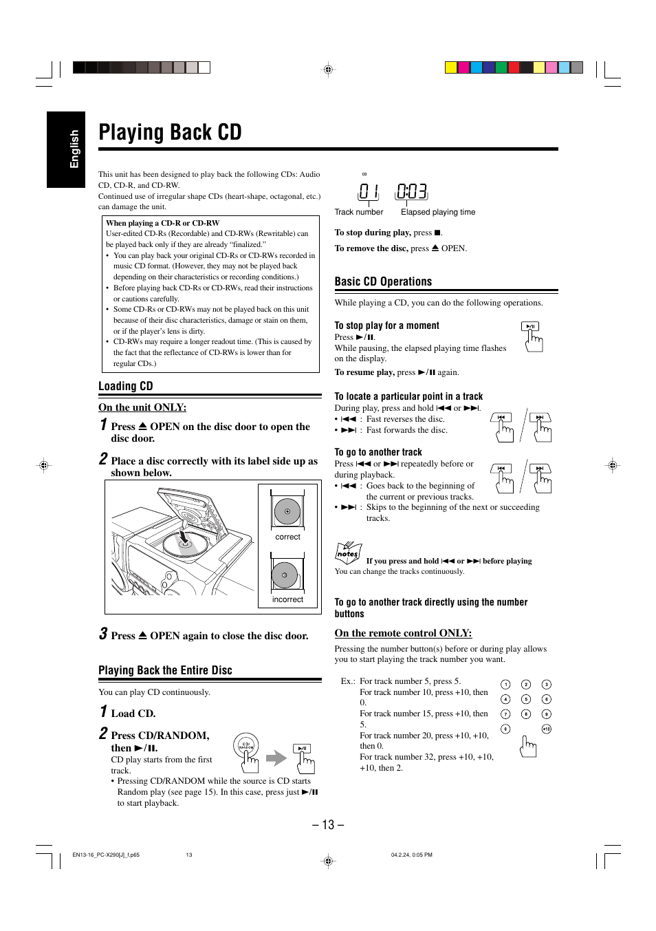 Playing back cd | JVC PC-X290 User Manual | Page 15 / 48