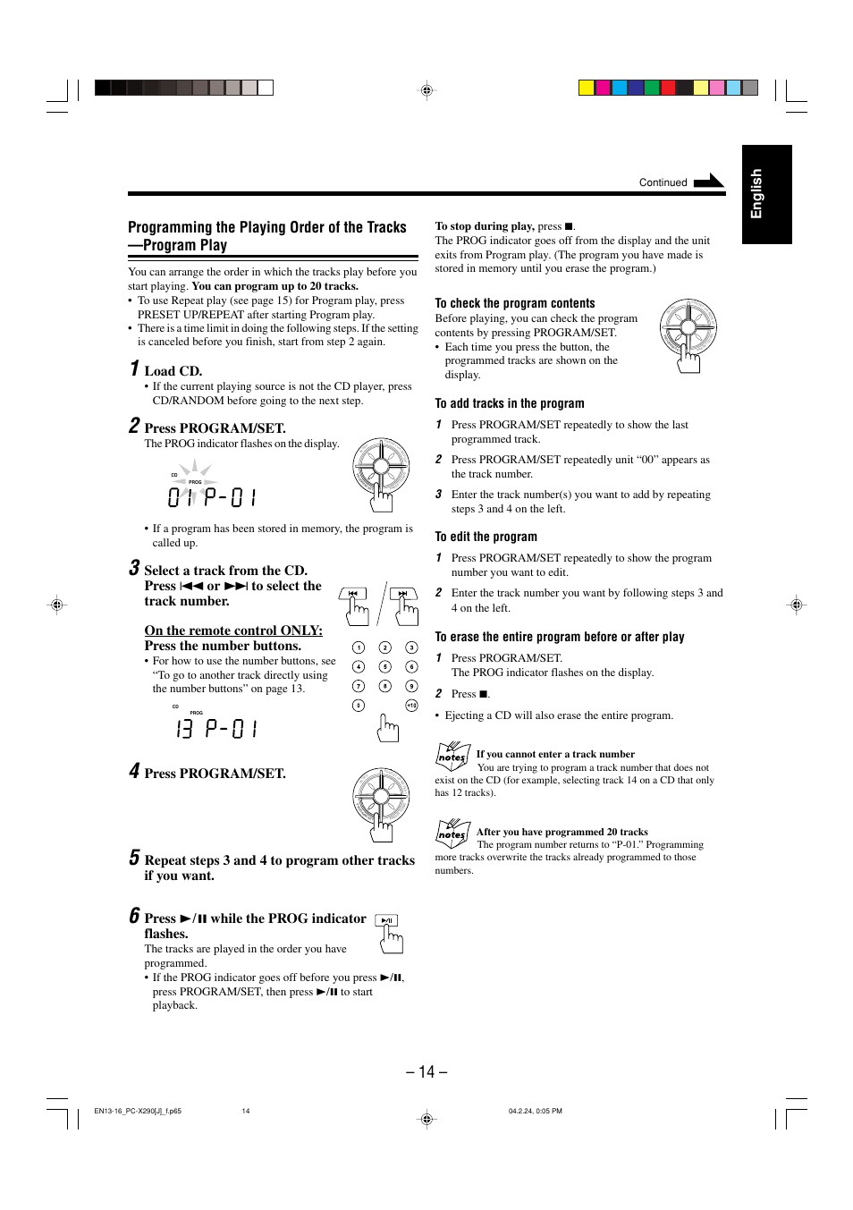 English, Load cd, Press program/set | Press 3¥8 while the prog indicator flashes, Continued | JVC PC-X290 User Manual | Page 16 / 48