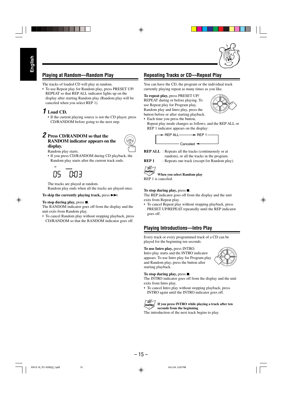 Repeating tracks or cd—repeat play, Playing introductions—intro play, Playing at random—random play | English, Load cd, The introduction of the next track begins to play, When you select random play, Rep all rep 1 canceled | JVC PC-X290 User Manual | Page 17 / 48