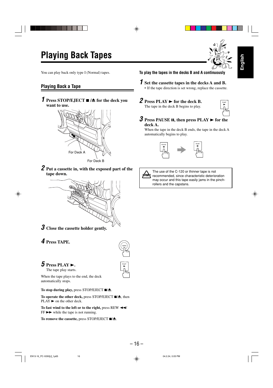 Playing back tapes | JVC PC-X290 User Manual | Page 18 / 48