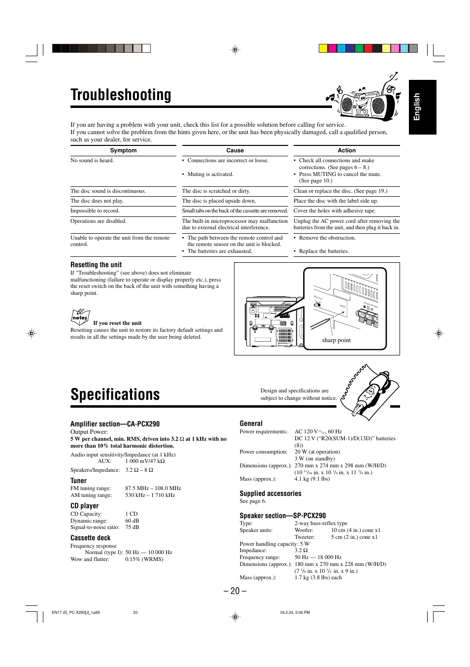 Troubleshooting, Specifications, English | JVC PC-X290 User Manual | Page 22 / 48