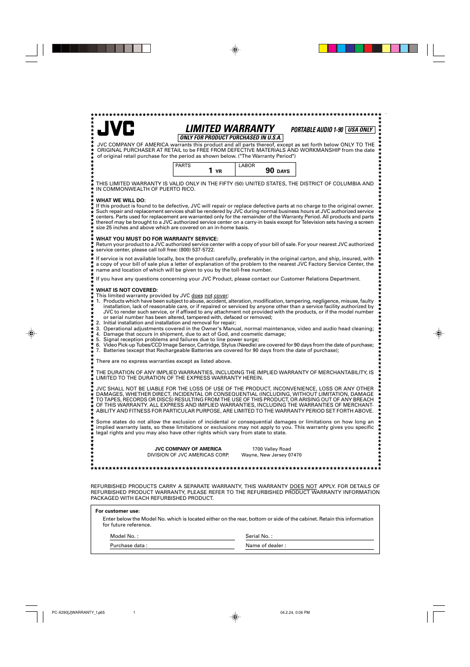 Limited warranty, Portable audio 1-90 | JVC PC-X290 User Manual | Page 23 / 48