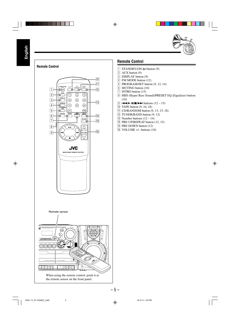 Remote control, English | JVC PC-X290 User Manual | Page 32 / 48