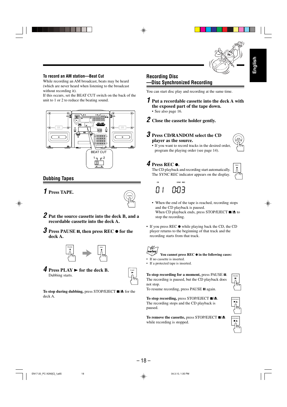 Recording disc —disc synchronized recording, Dubbing tapes | JVC PC-X290 User Manual | Page 45 / 48