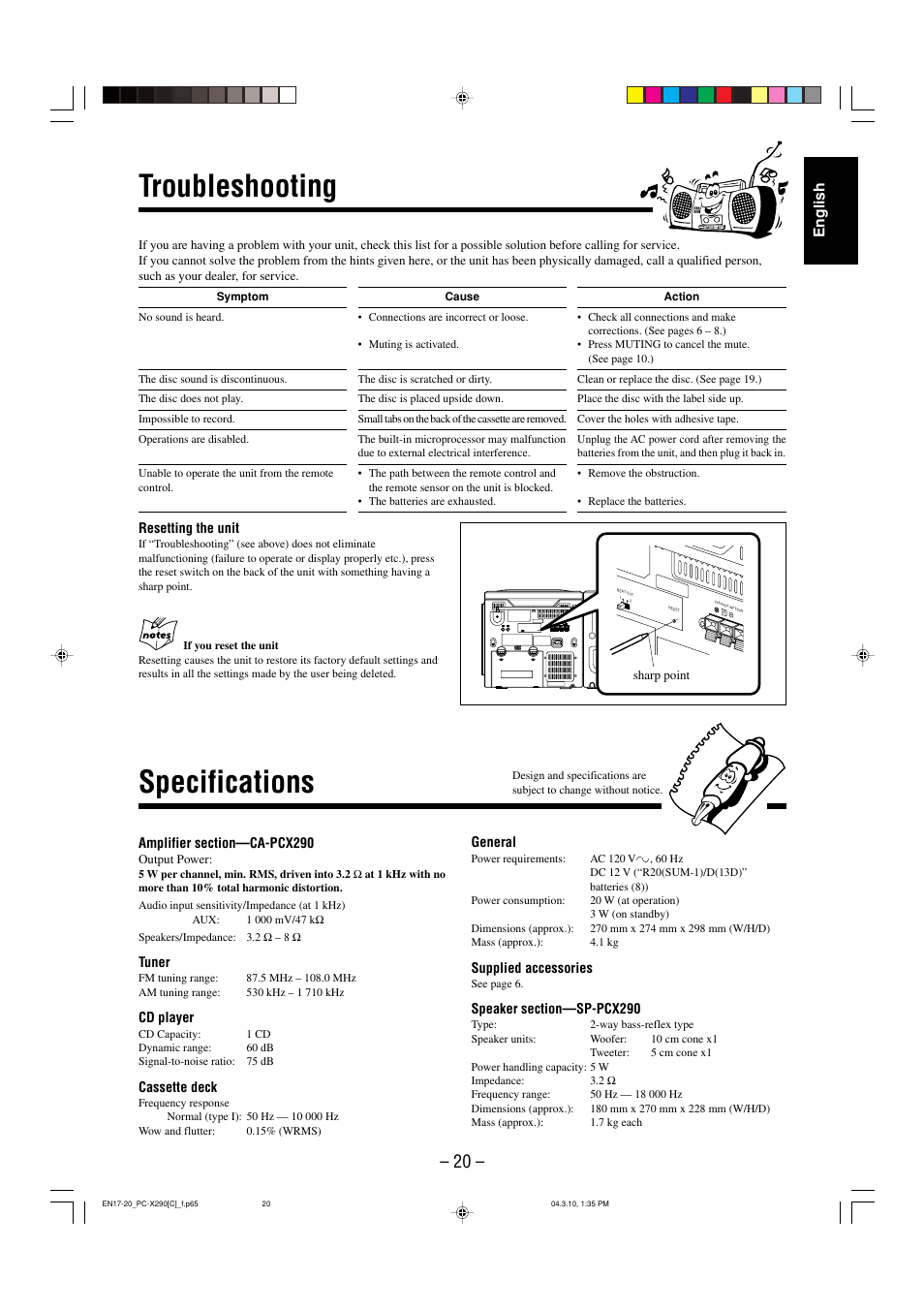 Troubleshooting, Specifications, English | JVC PC-X290 User Manual | Page 47 / 48