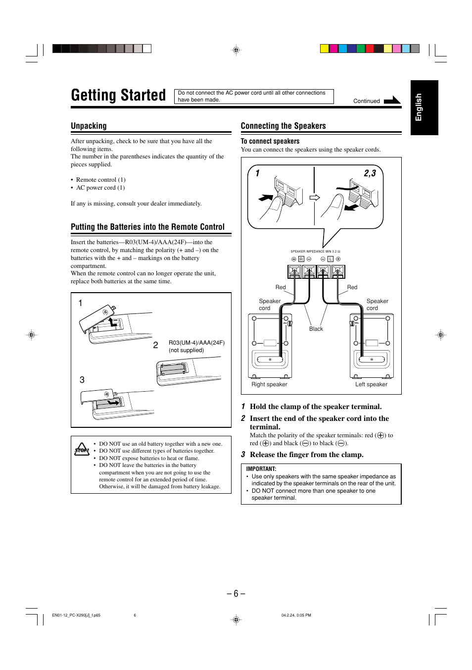 Getting started, Connecting the speakers, Unpacking | Putting the batteries into the remote control | JVC PC-X290 User Manual | Page 8 / 48