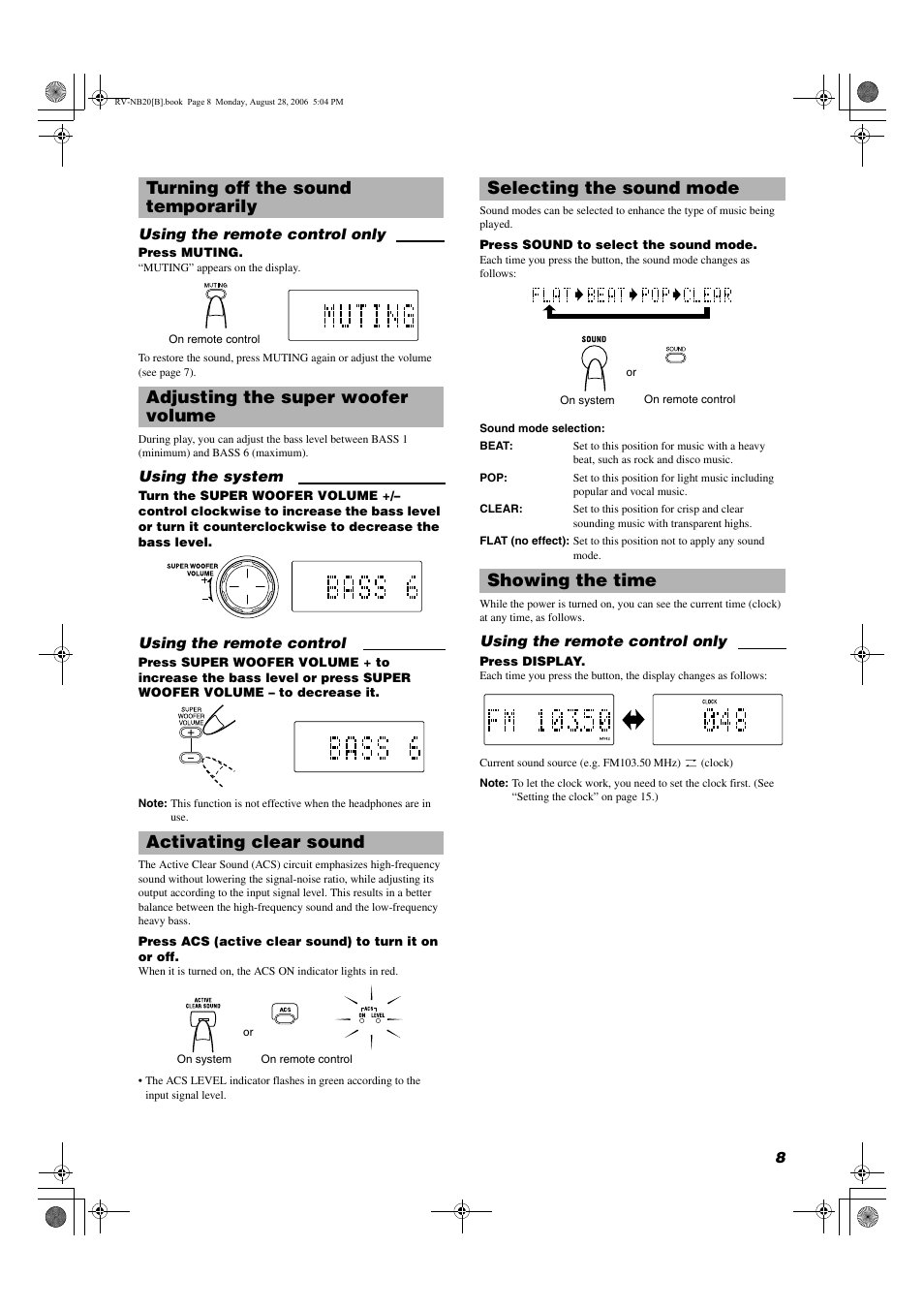 Turning off the sound temporarily, Adjusting the super woofer volume, Activating clear sound | Selecting the sound mode showing the time | JVC RV-NB20B User Manual | Page 11 / 24
