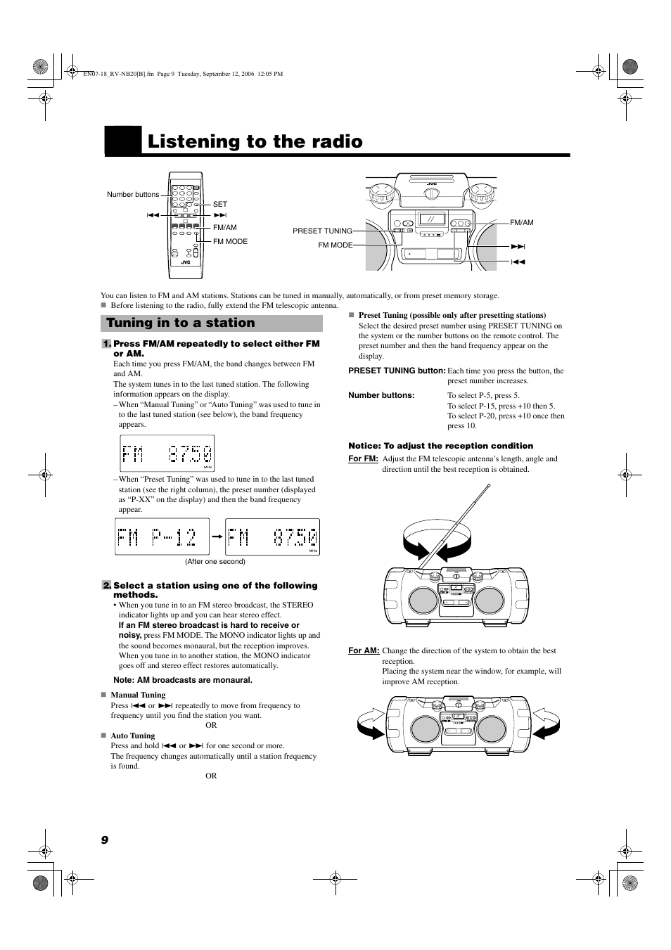 Listening to the radio, Tuning in to a station | JVC RV-NB20B User Manual | Page 12 / 24