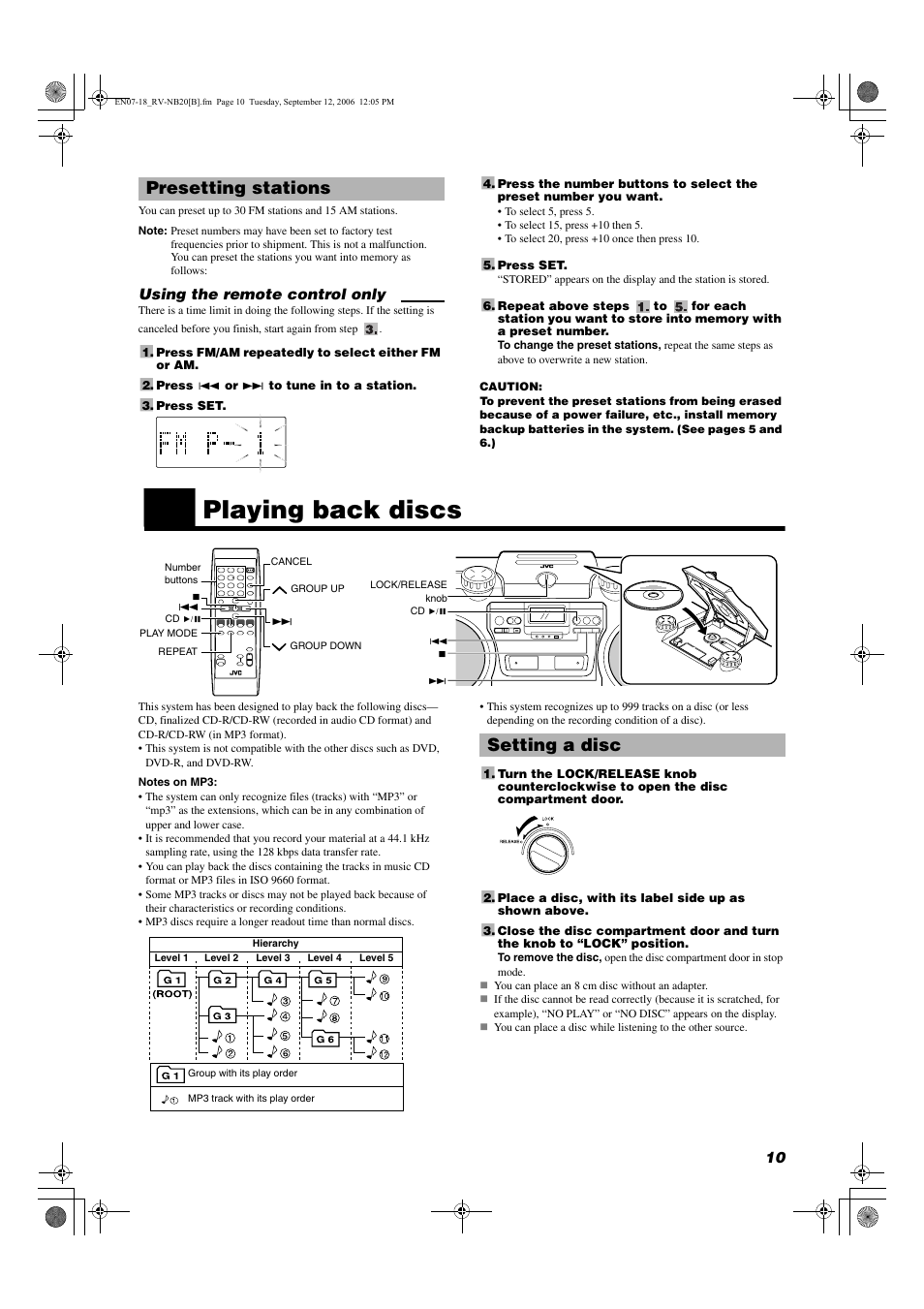 Playing back discs, Presetting stations, Setting a disc | JVC RV-NB20B User Manual | Page 13 / 24