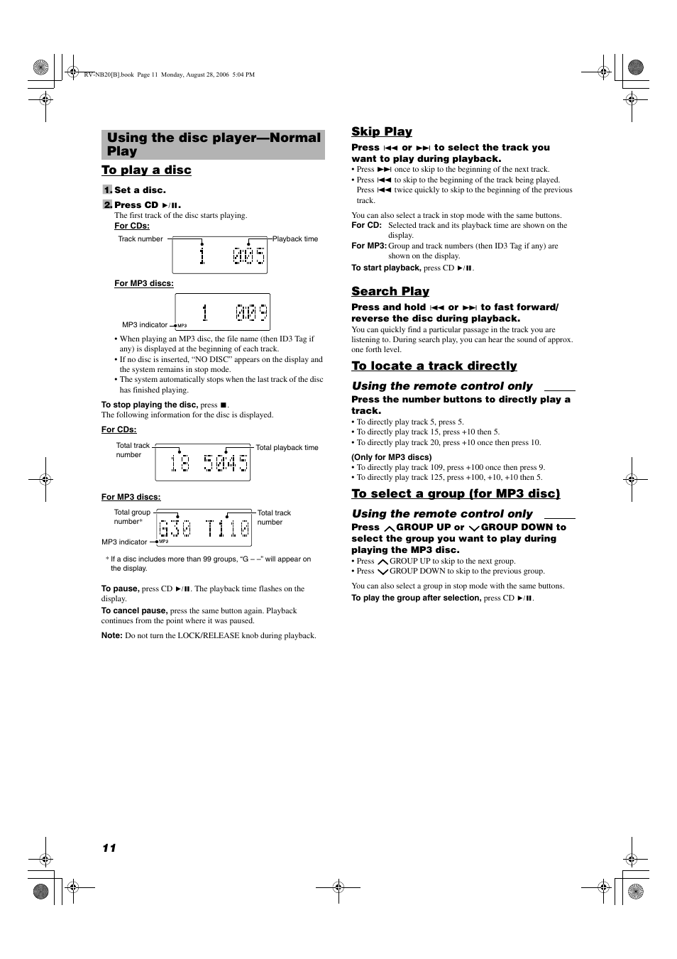 Using the disc player—normal play, Skip play, Search play | JVC RV-NB20B User Manual | Page 14 / 24