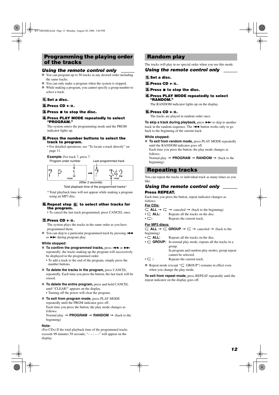 Programming the playing order of the tracks, Random play, Repeating tracks | JVC RV-NB20B User Manual | Page 15 / 24
