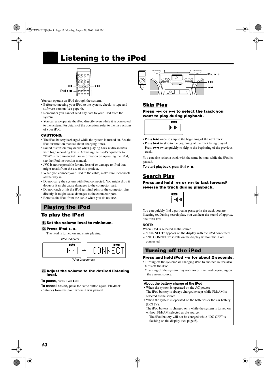Listening to the ipod, Playing the ipod, Turning off the ipod | JVC RV-NB20B User Manual | Page 16 / 24
