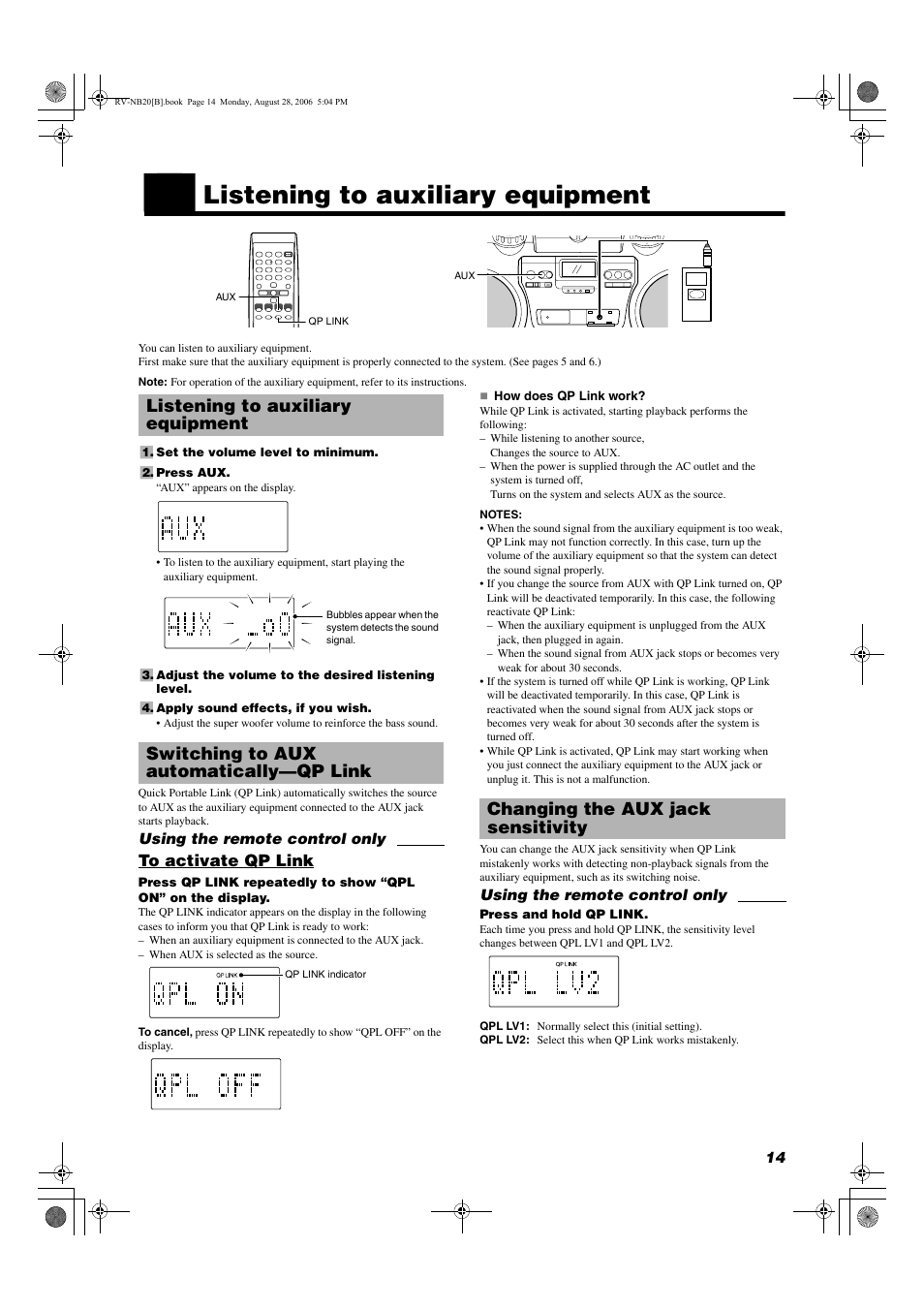 Listening to auxiliary equipment, Changing the aux jack sensitivity | JVC RV-NB20B User Manual | Page 17 / 24