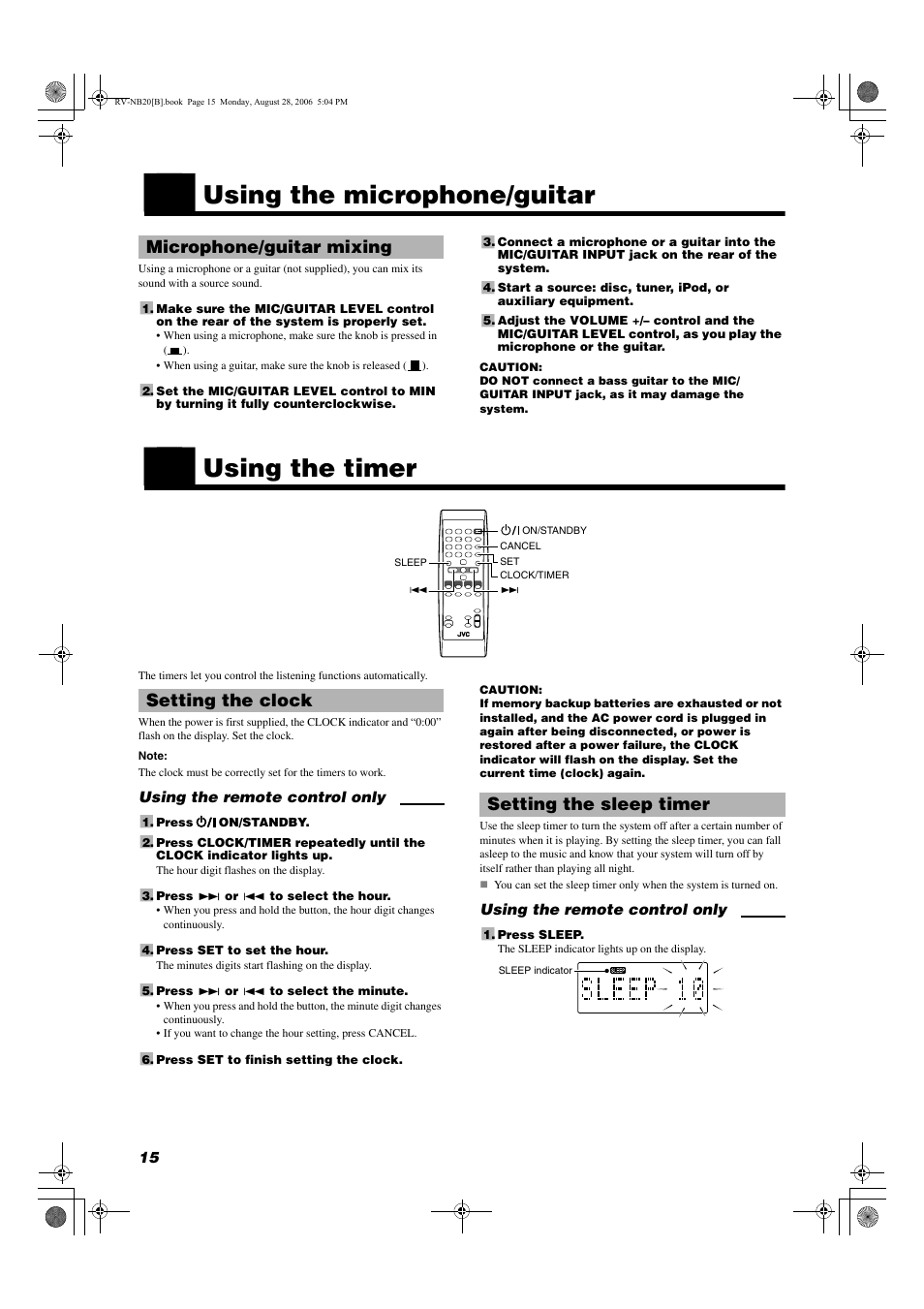 Using the microphone/guitar, Using the timer | JVC RV-NB20B User Manual | Page 18 / 24