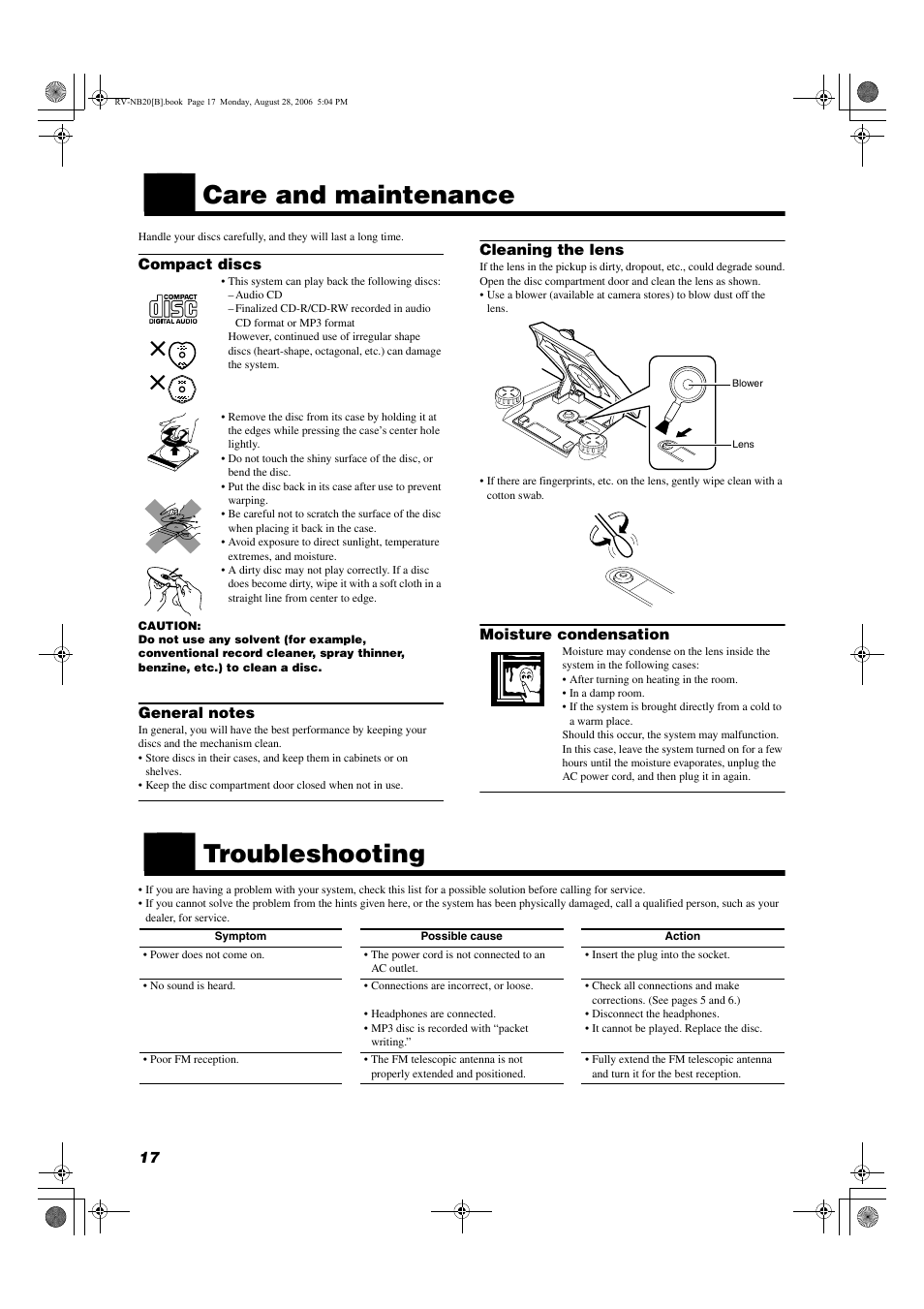 Care and maintenance, Troubleshooting | JVC RV-NB20B User Manual | Page 20 / 24