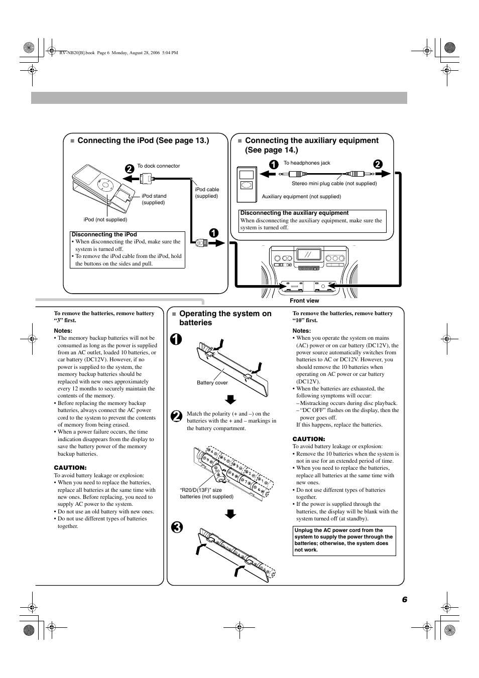 Operating the system on batteries, Connecting the auxiliary equipment (see page 14.), Connecting the ipod (see page 13.) | JVC RV-NB20B User Manual | Page 9 / 24