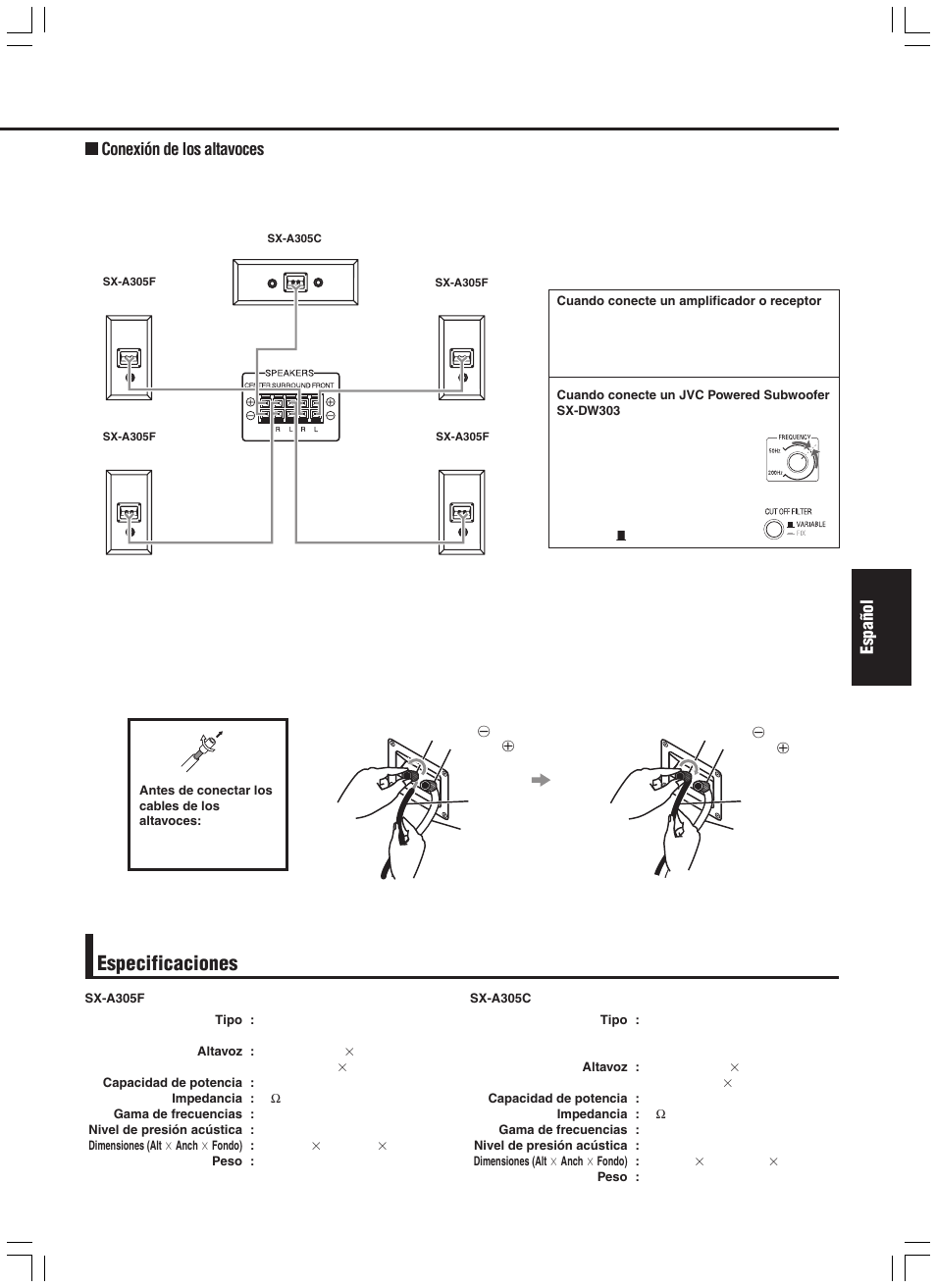 Especificaciones, Espa ñ ol, Conexión de los altavoces | JVC SX-A305 User Manual | Page 11 / 20