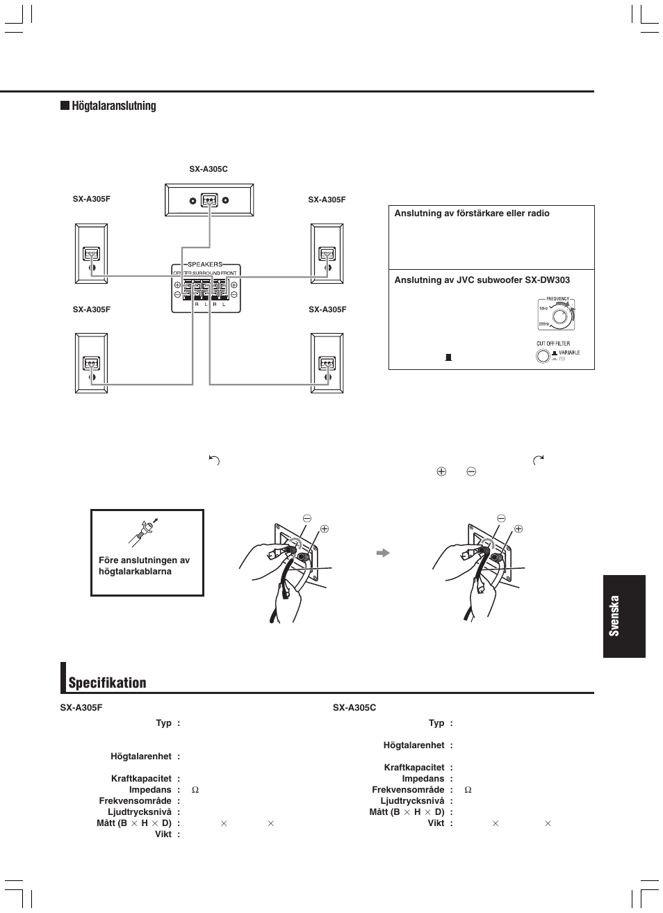 Specifikation, Svenska, Högtalaranslutning | JVC SX-A305 User Manual | Page 15 / 20