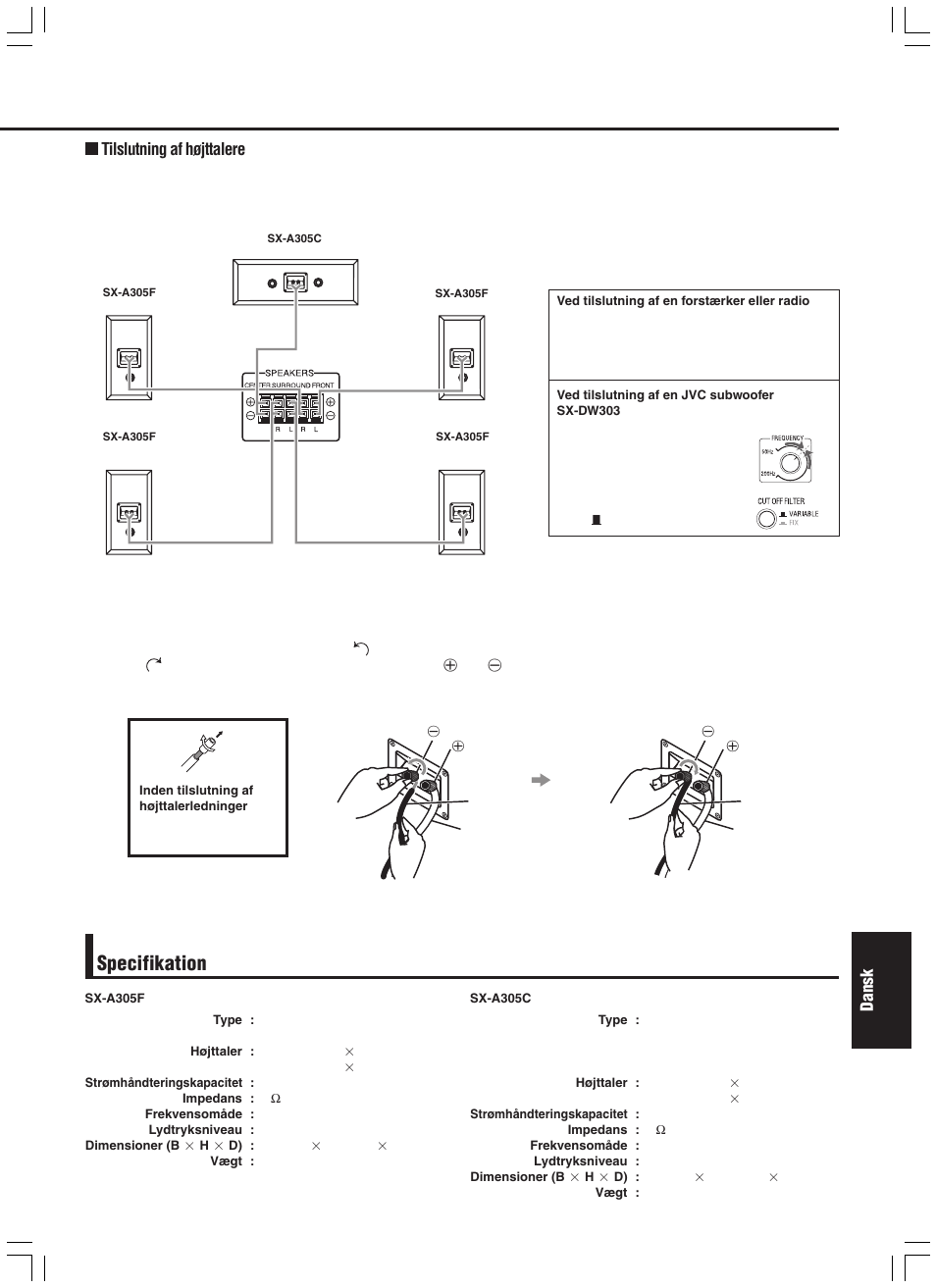 Specifikation, Dansk, Tilslutning af højttalere | JVC SX-A305 User Manual | Page 17 / 20