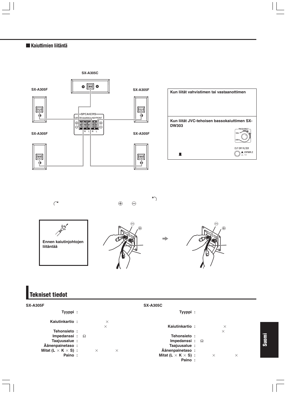 Tekniset tiedot, Suomi, Kaiuttimien liitäntä | JVC SX-A305 User Manual | Page 19 / 20