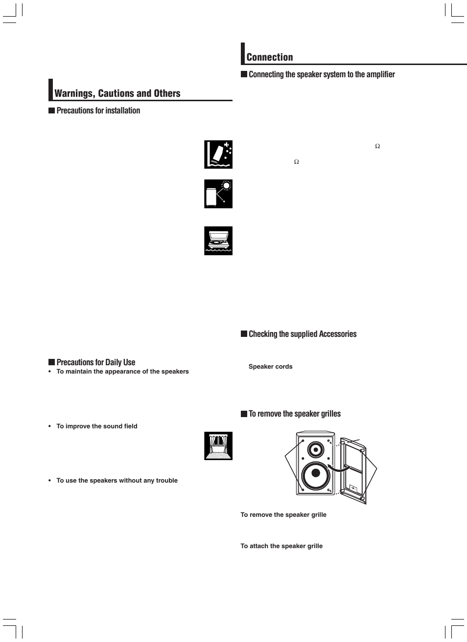 Warnings, cautions and others, Connection, Precautions for installation | Precautions for daily use, Connecting the speaker system to the amplifier, Checking the supplied accessories | JVC SX-A305 User Manual | Page 2 / 20