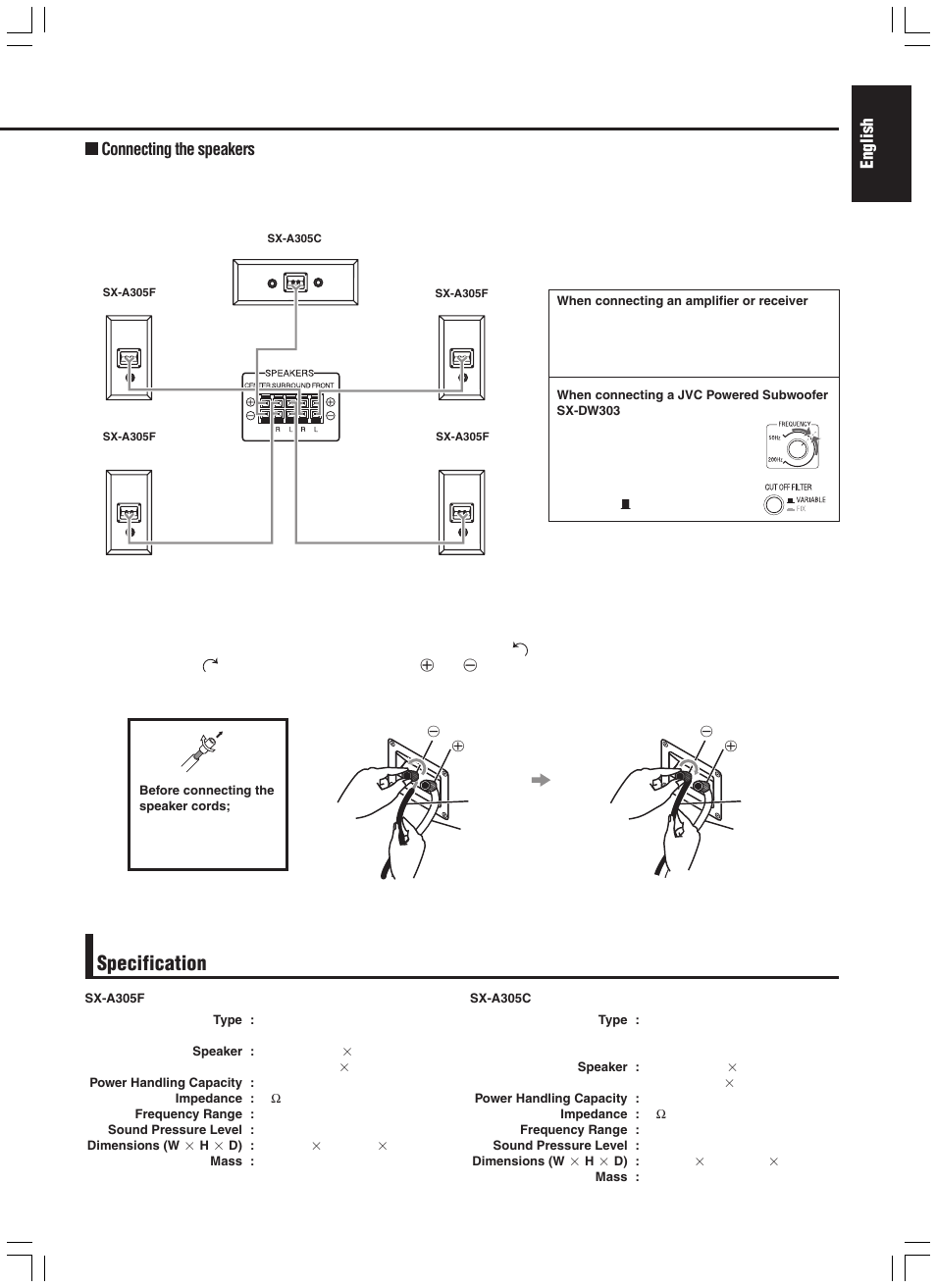 Specification, English, Connecting the speakers | JVC SX-A305 User Manual | Page 3 / 20