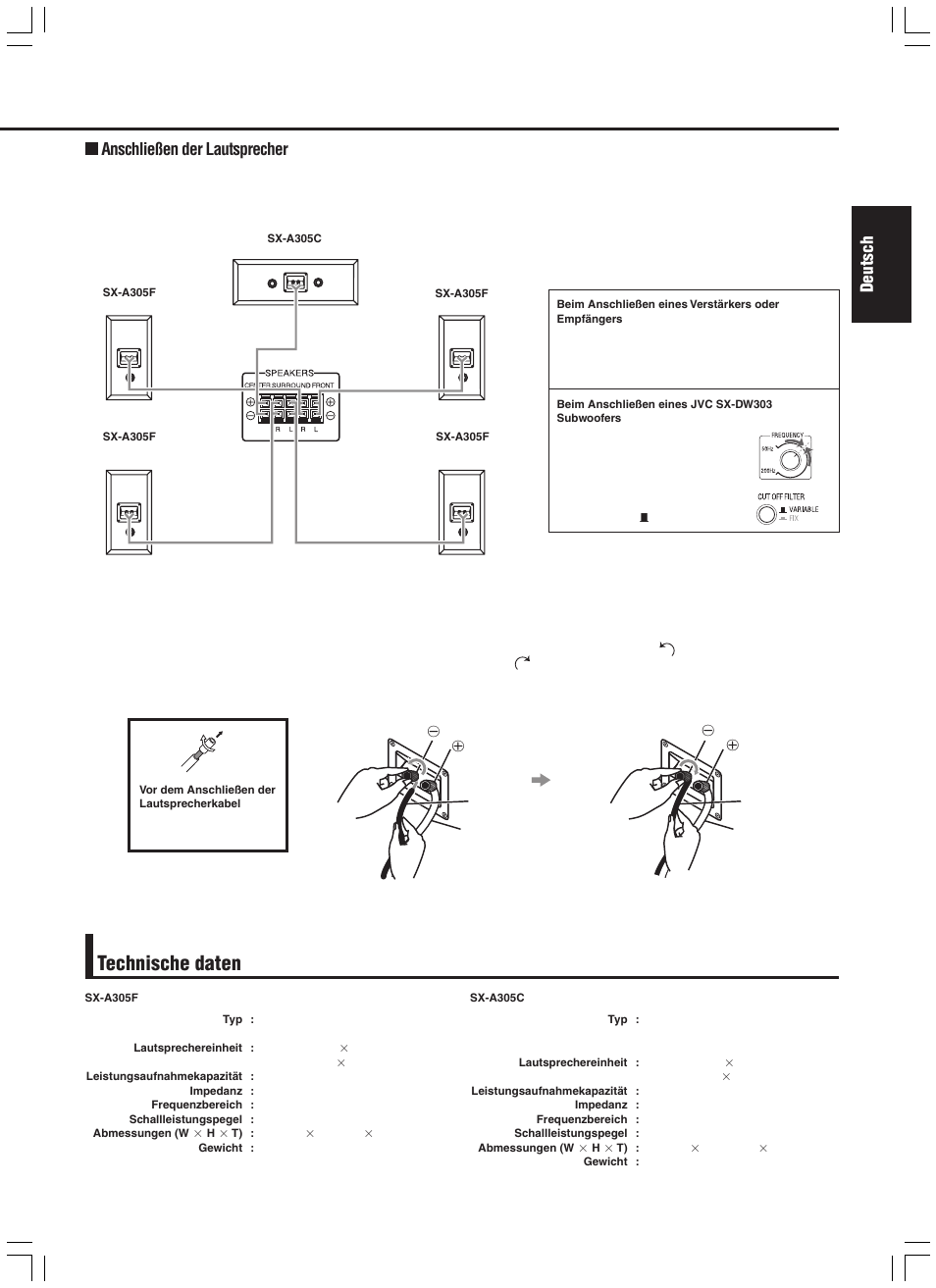 Technische daten, Deutsch, Anschließen der lautsprecher | JVC SX-A305 User Manual | Page 5 / 20