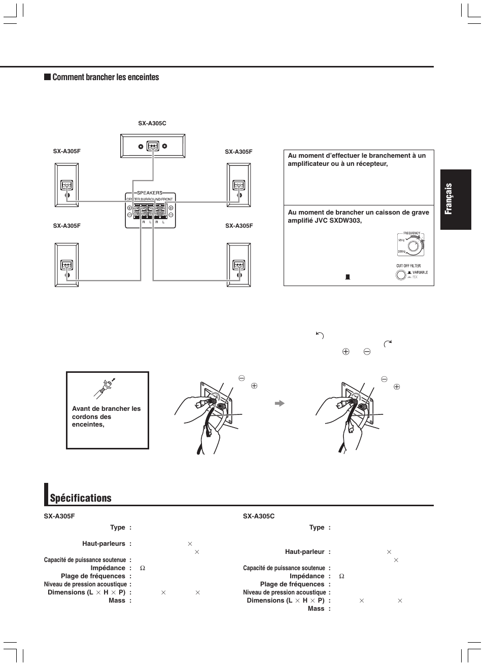 Spécifications, Français, Comment brancher les enceintes | JVC SX-A305 User Manual | Page 7 / 20