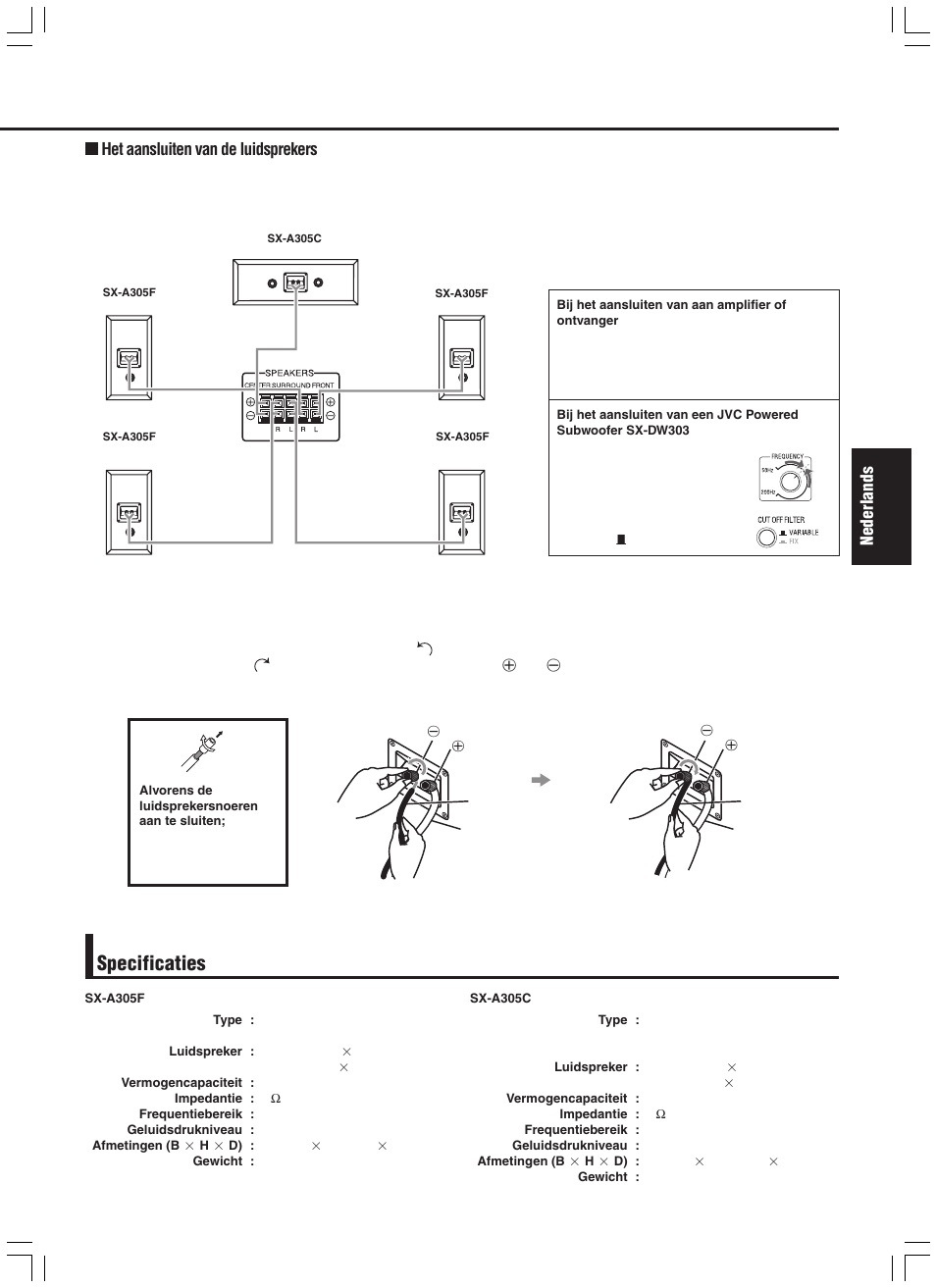 Specificaties, Nederlands, Het aansluiten van de luidsprekers | JVC SX-A305 User Manual | Page 9 / 20