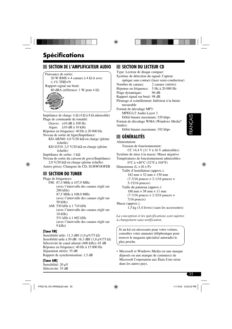 Spécifications, Français, Généralités | JVC KD-AR560 User Manual | Page 103 / 105