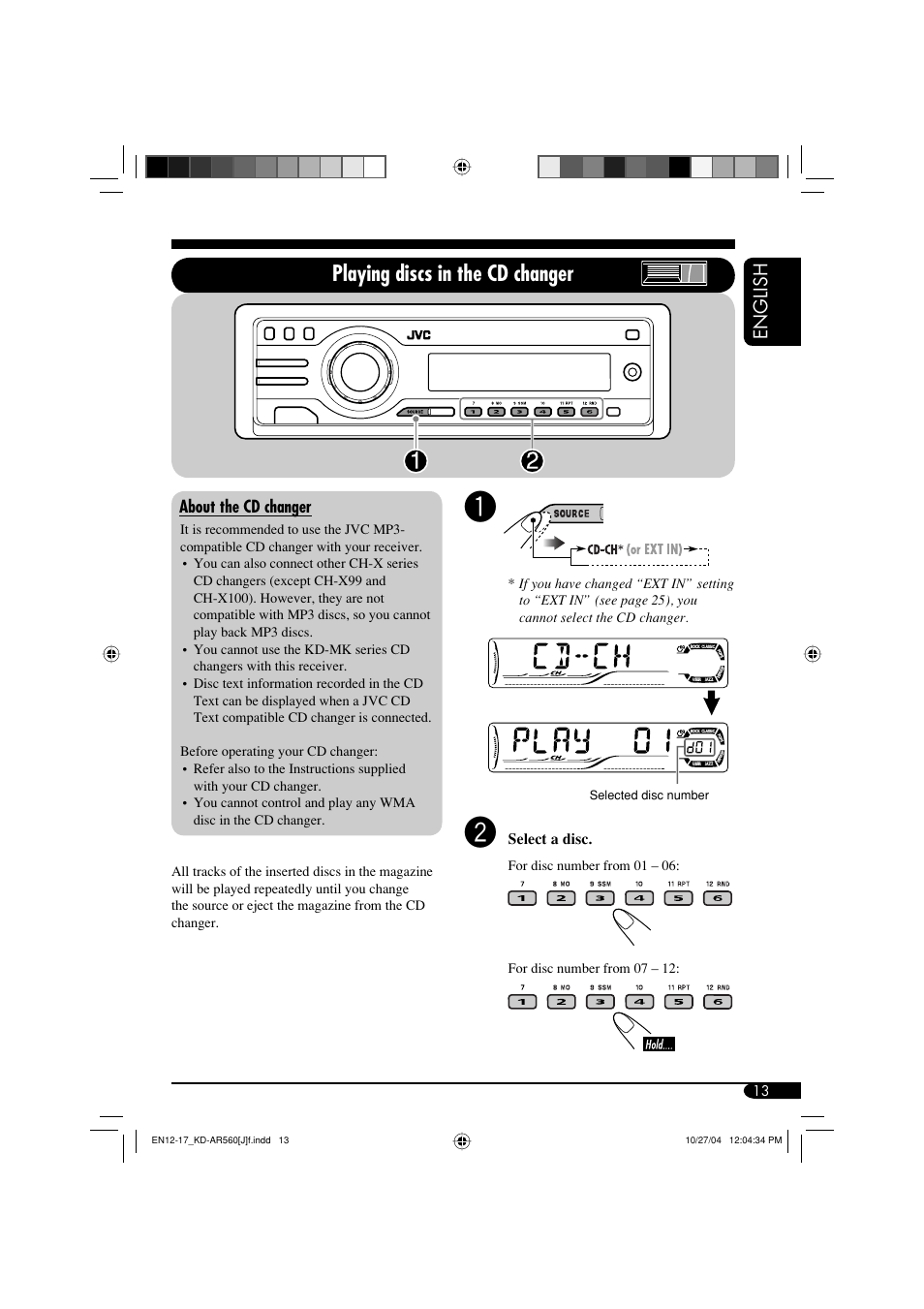 Playing discs in the cd changer, English | JVC KD-AR560 User Manual | Page 13 / 105