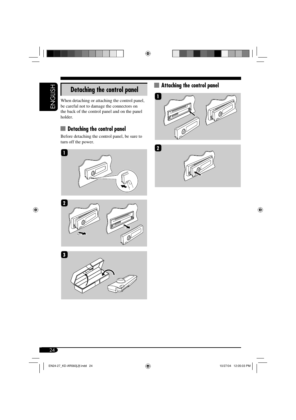 Detaching the control panel, English, Attaching the control panel | JVC KD-AR560 User Manual | Page 24 / 105