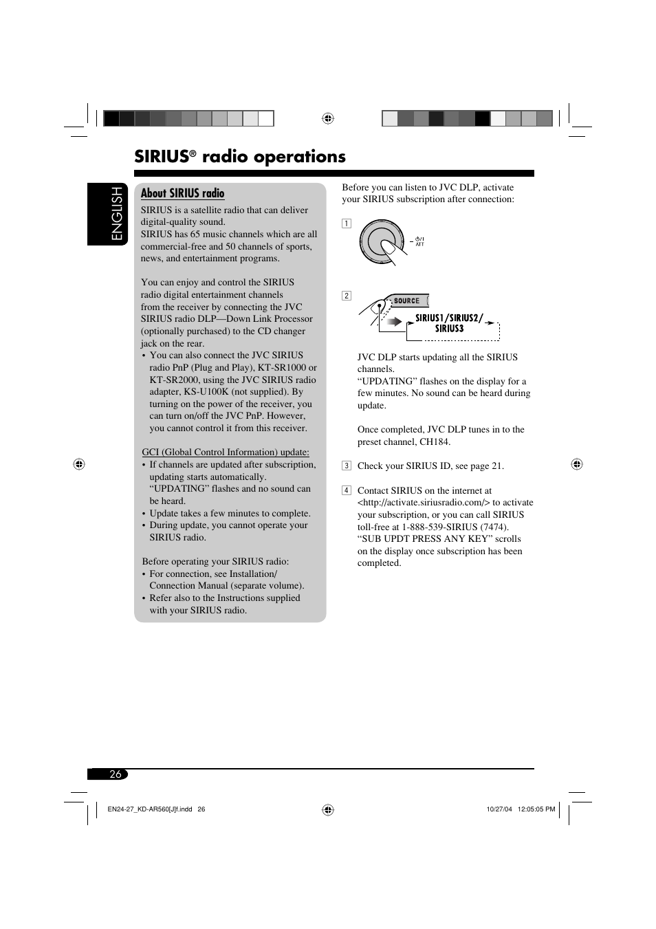 Sirius, Radio operations, English | JVC KD-AR560 User Manual | Page 26 / 105