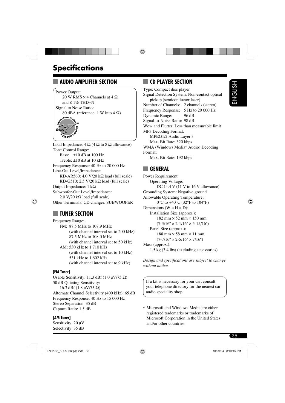 Specifications, English, General | JVC KD-AR560 User Manual | Page 35 / 105