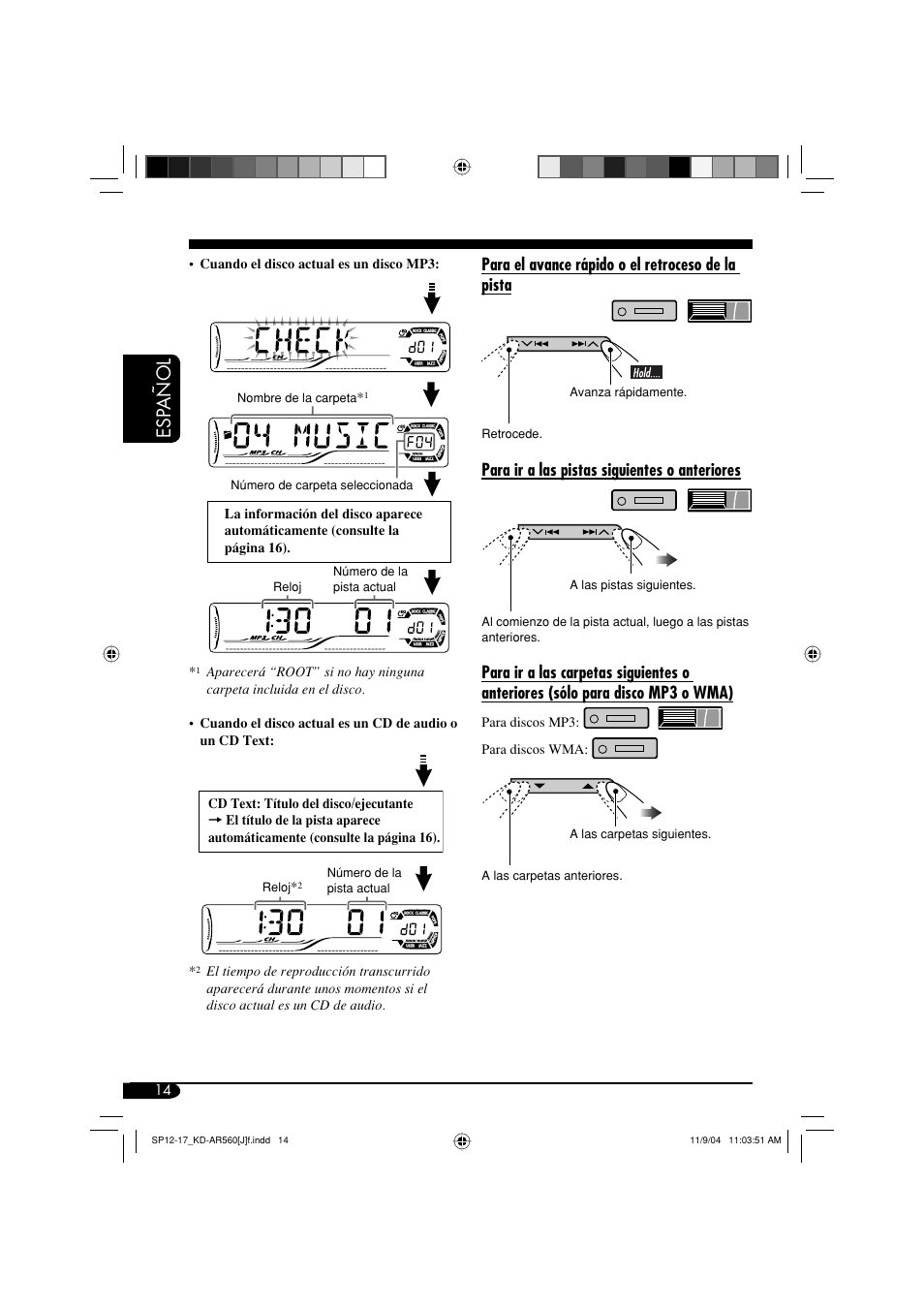 Esp añol, Para el avance rápido o el retroceso de la pista, Para ir a las pistas siguientes o anteriores | JVC KD-AR560 User Manual | Page 48 / 105