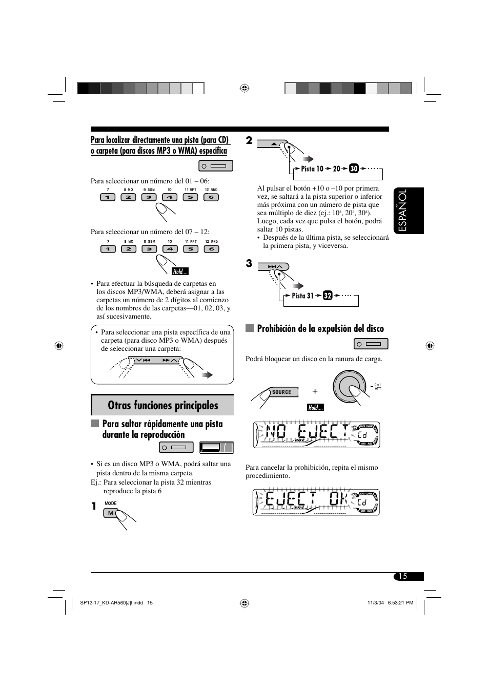 Otras funciones principales, Esp añol, Prohibición de la expulsión del disco | JVC KD-AR560 User Manual | Page 49 / 105