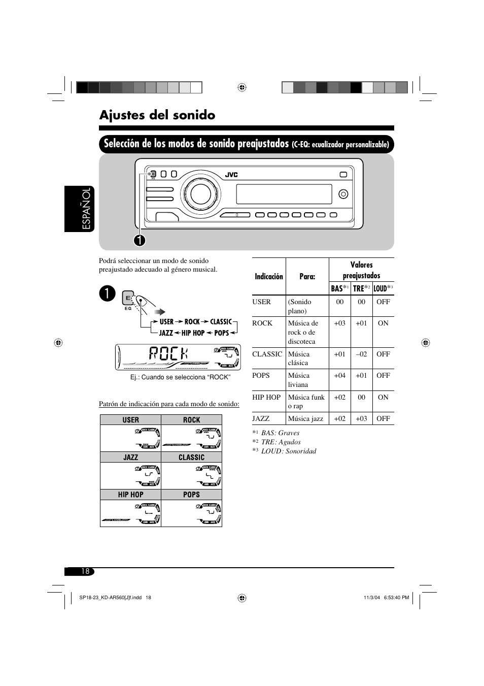 Ajustes del sonido, Selección de los modos de sonido preajustados, Esp añol | JVC KD-AR560 User Manual | Page 52 / 105