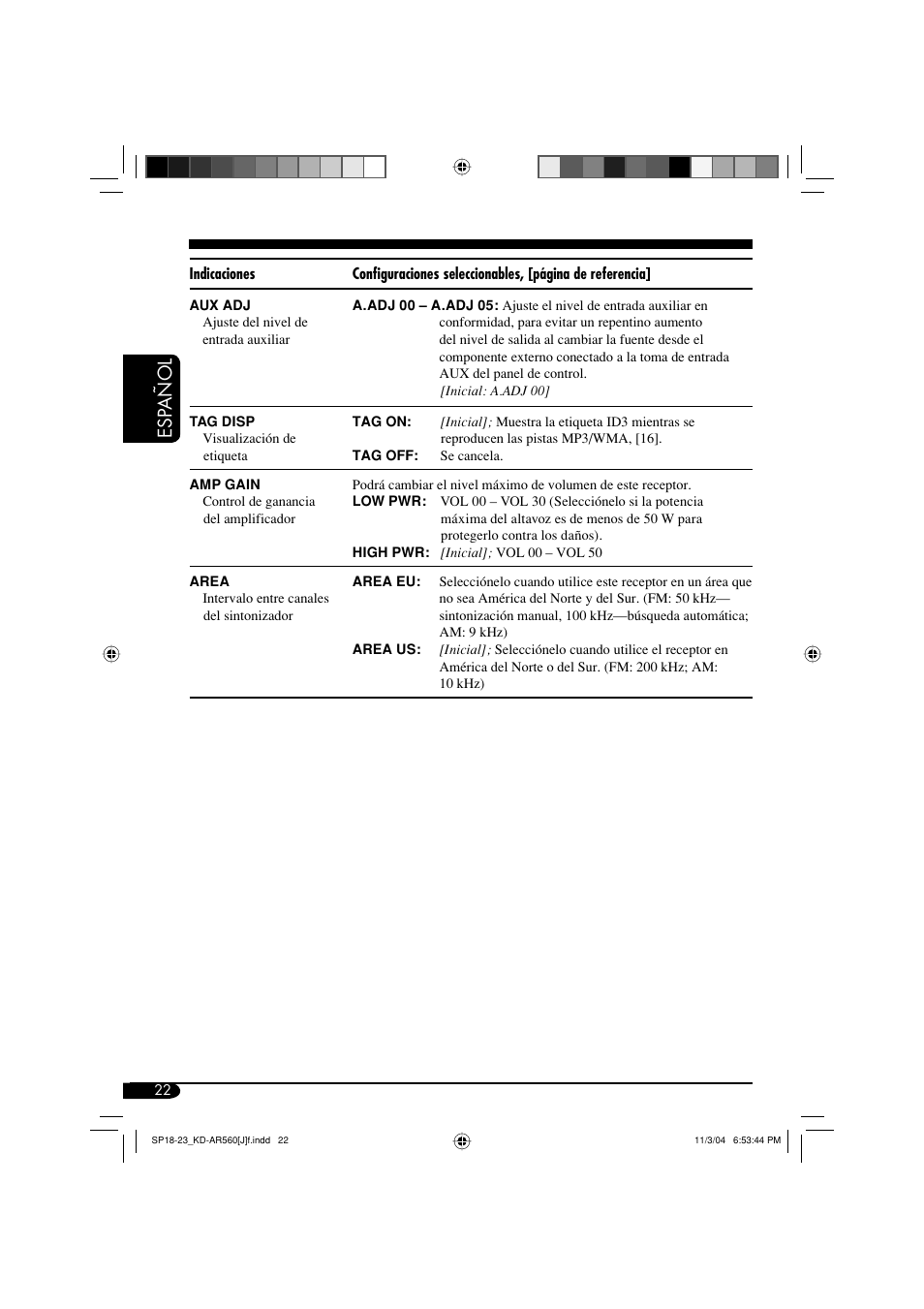 Esp añol | JVC KD-AR560 User Manual | Page 56 / 105